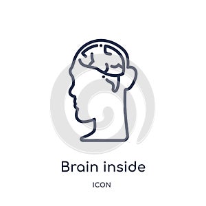Linear brain inside human head icon from Human body parts outline collection. Thin line brain inside human head icon isolated on
