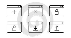 Linear browser window vector icons set. Web page, search in internet symbol. Browser window sign for web design and mobile apps