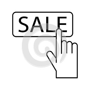 Linear button with sale finger icon. Internet banking app. Shop now. Online banking. Vector illustration. stock image.