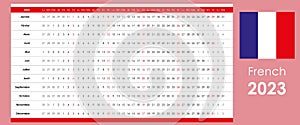 Linear calendar 2023. Clear design. Horizontal grid with selected sundays. Yearly calendar organizer, planner.