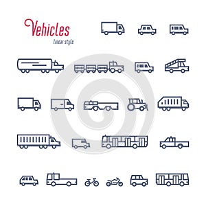 linear Car icons set, Various types of cars and vehicles. Outline style vector illustration on white background.
