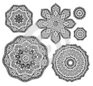 Linear carelessly drawn by hand a vector sketch ornamental mandala set. Abstract monochrome line art backdrop template