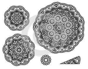 Linear carelessly drawn by hand a vector sketch ornamental mandala set. Abstract monochrome line art backdrop template photo