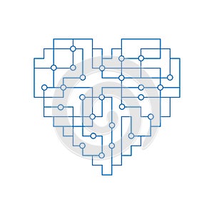 Linear circuit board with heart shape for love technology metaphor. Vector logo illustration.