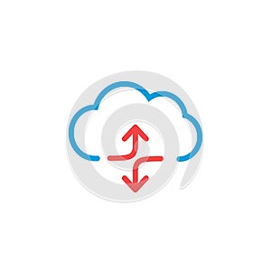 Linear cloud data sync graphic design icon with two arrows. Stock Vector illustration isolated on white background
