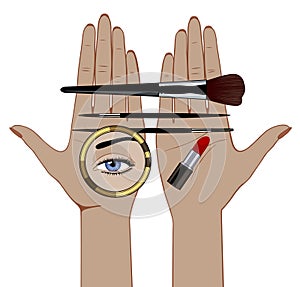 Linear color drawing of female hands with makeup brushes, round mirror with aye reflection, and lipstick