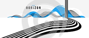 Linear composition vector road to horizon, abstract background with lines in 3D perspective, optical illusion op art, black and