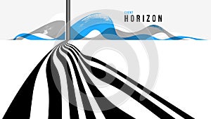 Linear composition vector road to horizon, abstract background with lines in 3D perspective, optical illusion op art, black and