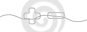 Linear continuous drawing of plus and minus sign . Single editable line drawing of negative and positive icons . Vector