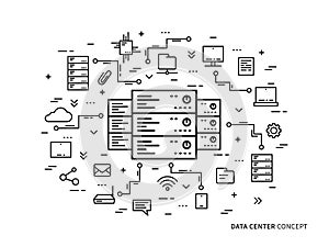 Linear data center server park, hosting vector illustration