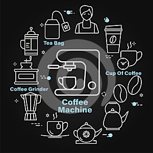 Linear design of coffee machine and different icons on black background