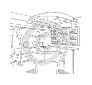 Linear drawing of the bar interior of  bar business-class aircraft.  Isolated on white background