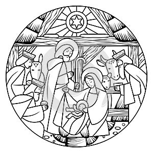 Linear drawing of Birth of Jesus Christ scene in circle shape