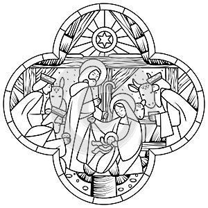 Linear drawing of Birth of Jesus Christ scene in cross shape
