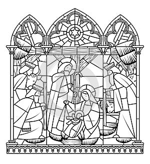 Linear drawing of Birth of Jesus Christ scene in gothic frame