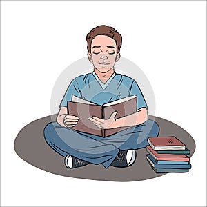 linear drawing of a boy sitting and reading a book