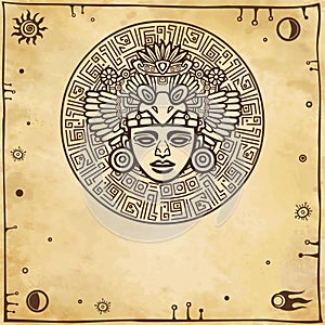 Linear drawing: decorative image of an ancient Indian deity. Space symbols.