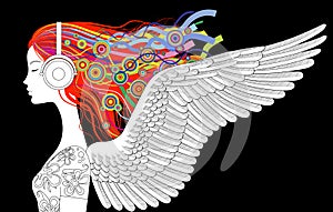 Linear drawing of girl head half-face with wings, color loose ha