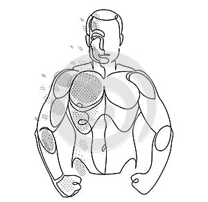 Linear drawing of a perfect body fit model man posing vector illustration isolated, muscular macho sexy guy with naked torso