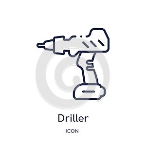 Linear driller icon from Electrian connections outline collection. Thin line driller vector isolated on white background. driller