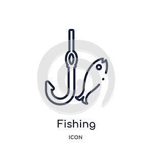 Linear fishing icon from Camping outline collection. Thin line fishing vector isolated on white background. fishing trendy photo
