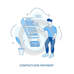 Linear flat Contactless payment concept. Customer paying purchases contactless with plastic card. Flat vector