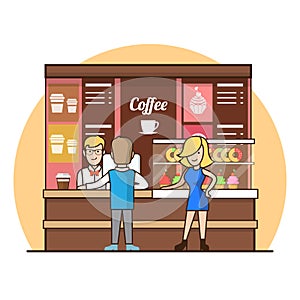 Linear Flat Customers in coffee shop line choosing drinks, vector illustration. Showcase with cakes and donates, waiter, cashier,
