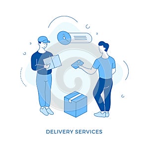 Linear flat Delivery service concept illustration. Man receives package from delivery guy and pays with card