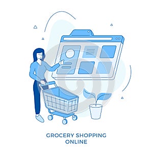 Linear flat Grocery shopping online. Woman standing with supermarket cart and choosing goods in browser window with