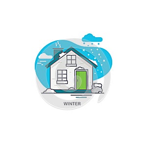 Linear flat illustration of a private house. Winter time logo concept