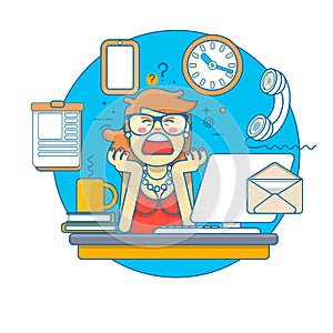 Linear Flat.Multitasking Stressed Business Woman in Office Work Place. Vector illustration