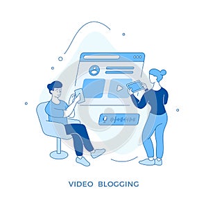 Linear flat Video blogging concept illustration. Video editor, live streaming, broadcasting