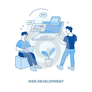 Linear flat Web development concept vector illustration