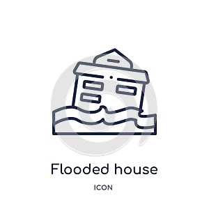 Linear flooded house icon from Insurance outline collection. Thin line flooded house icon isolated on white background. flooded