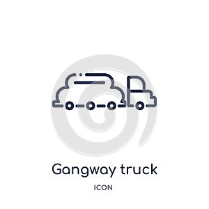 Linear gangway truck icon from Airport terminal outline collection. Thin line gangway truck vector isolated on white background.