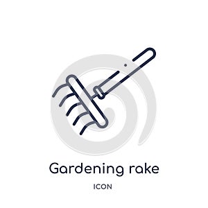 Linear gardening rake icon from Construction tools outline collection. Thin line gardening rake vector isolated on white photo