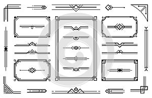 Linear geometric Art Deco ornaments. Retro label frame, minimal decorative ornament dividers and ornamental borders