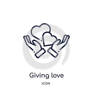 Linear giving love icon from Hands and gestures outline collection. Thin line giving love icon isolated on white background.