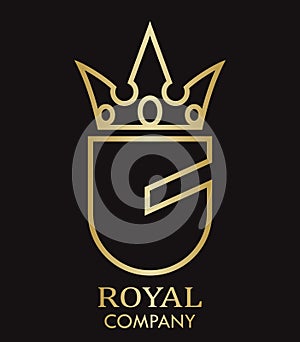 Linear golden shield crown heraldry shield logo design