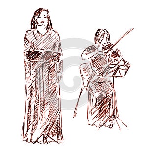 Linear graphic drawing of a classical singer and violinist