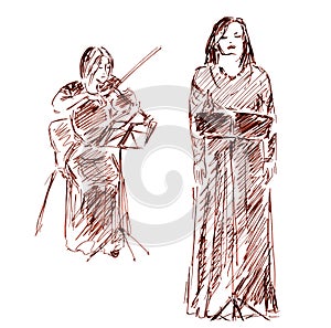 Linear graphic drawing of a classical singer and violinist