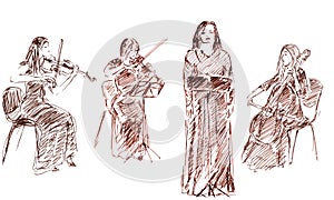 Linear graphic drawing of a classical singer, violinist and cellist