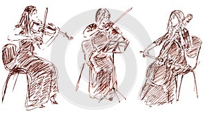 Linear graphic drawing string trio two violinists and cellist