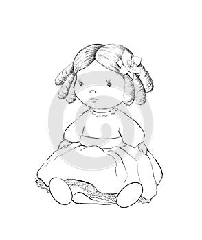 Linear graphic sketch with vintage cartoon doll in dress