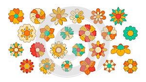 Linear hippie flowers. Doodle groovy flower icons, sixties flower power symbols, abstract outline colorful flower