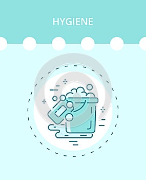 Linear hygiene icon in a vector. Soap, water, bucket, soap suds