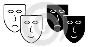 Linear icon. comedy and tragic theatrical masks together. Theatrical premieres, circus poster. Simple black and white vector