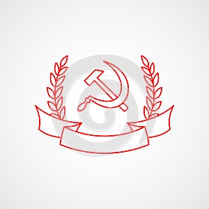 Linear icon of communism. Hammer, sickle and wreath with band. Red Soviet emblem. Minimalist coat of arms of the USSR