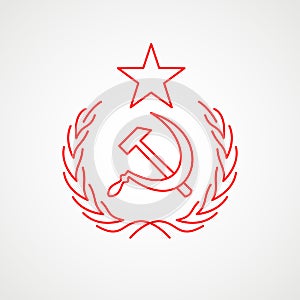 Linear icon of communism. Hammer, sickle and wreath with a star. Red Soviet emblem. Minimalist coat of arms of the USSR