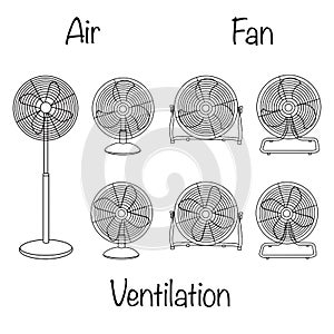 Linear icon, electric fan for cooling room. Maintaining comfortable temperature in room. Simple black and white